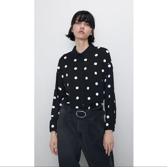 ZARA Tops - Zara EUC Knitted Textured Polka Dot Black White Semi Sheer Blouse Shirt Size M